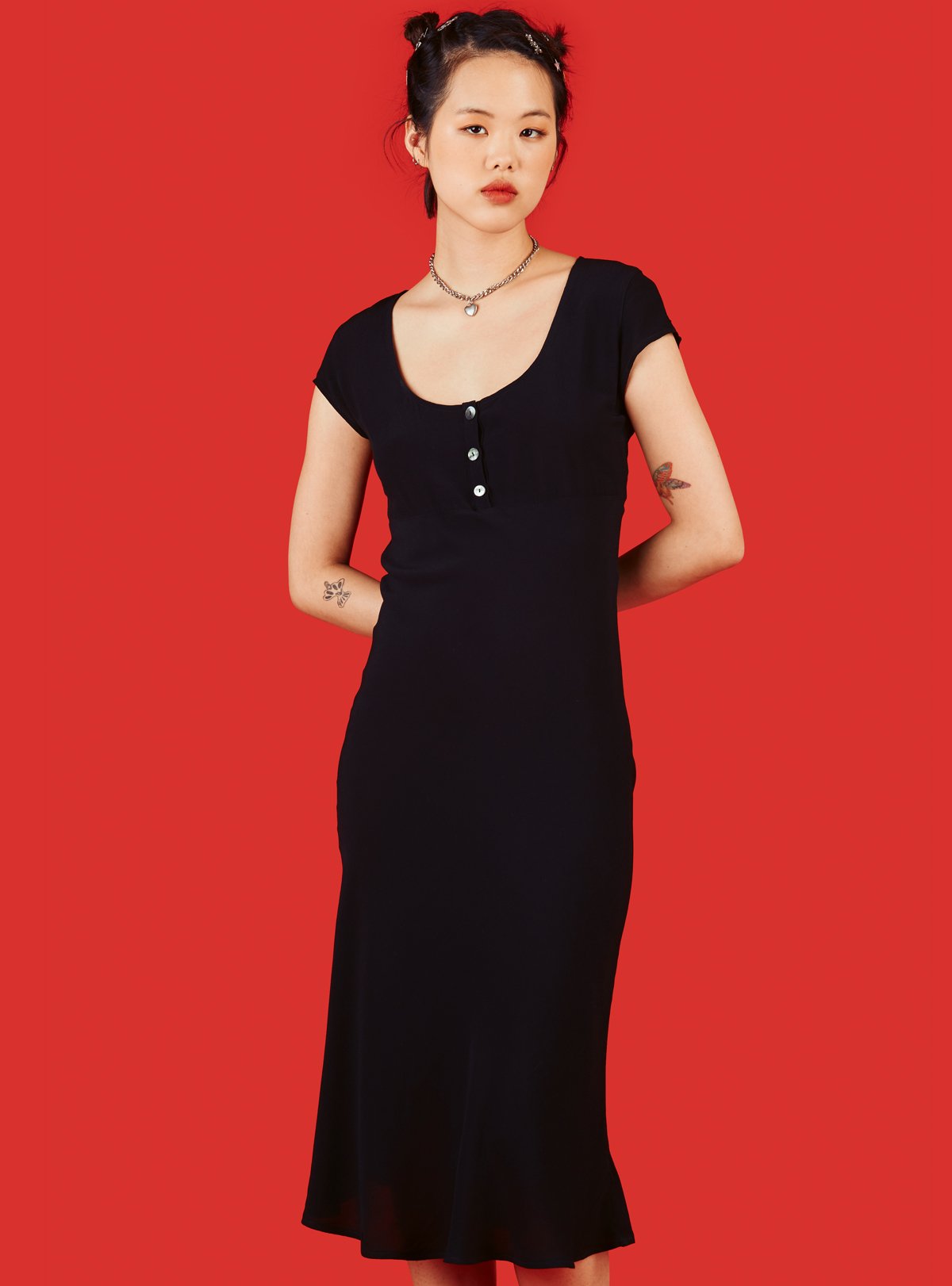 unif black button up dress UNIF Gab Dress, Form-fitting thick jersey dress with